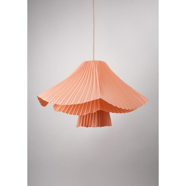 Pleated Coral Linen and Geometric Frame Sculptural Pendant Light by ZAVADSKI For Sale - Image 4 of 4