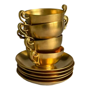 Antique D & C France Healey Chryso Ceramics Gold Cream Soup Bouillon Cup & Saucer Set- 10 Pieces