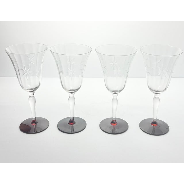 American 1950s Vintage Ruby Red Footed Star Flower Etched Optic Wine Glasses - Set of 4 For Sale - Image 3 of 7