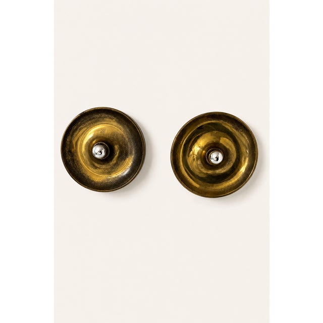 Vintage Disc Wall Sconces in Patinated Brass, Italy, 1970, Set of 2 For Sale - Image 6 of 6