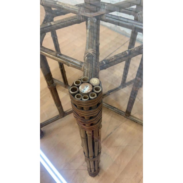 Brown Vintage Bamboo and Leather With Glass Top Hexagonal Dining Table Styled After McGuire For Sale - Image 8 of 8