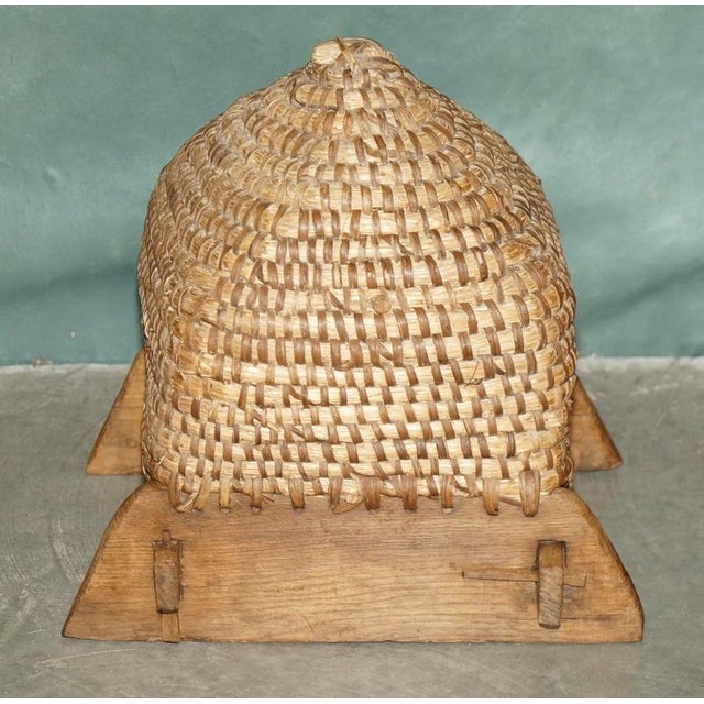 Brown Antique English Folk Art Woven Bee Skep in Primative Woven & Wooden Stand, 1880 For Sale - Image 8 of 12