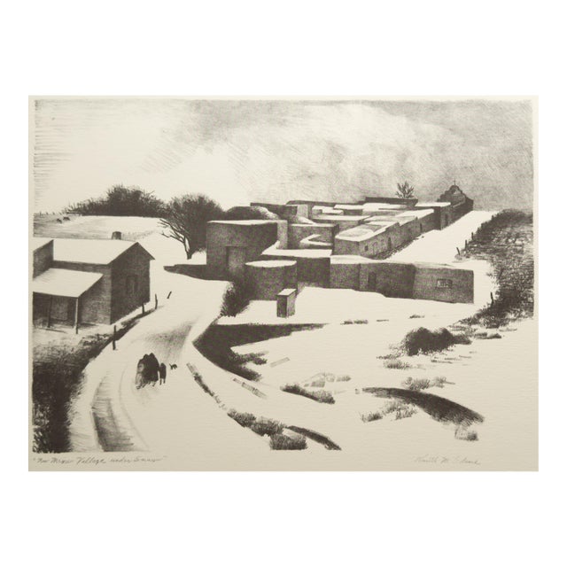 Kenneth Miller Adams Signed Lithograph "New Mexico Village Under Snow" 1950 Taos For Sale
