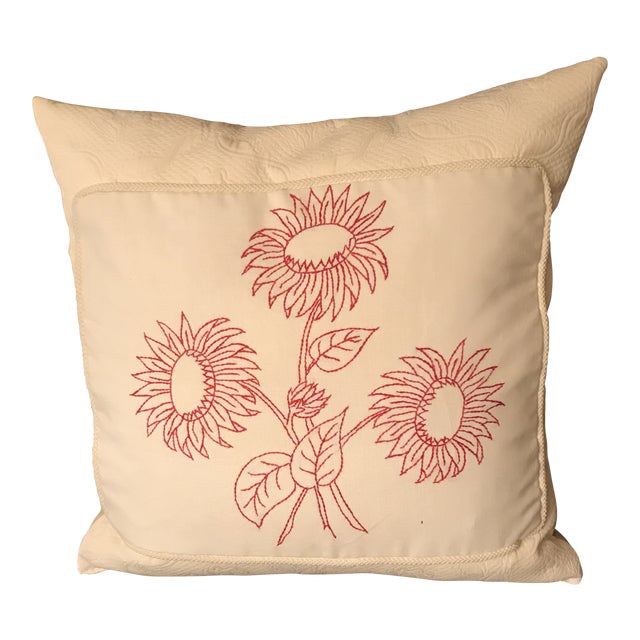 Antique American Victorian Red Stitch Square Pillow With Silk