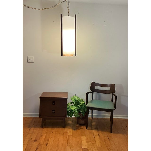 Vintage Hanging Light Pendant Light Fixture, 24” Cylinder White Acrylic Walnut Brass Accents, McFadden Lighting For Sale - Image 9 of 11