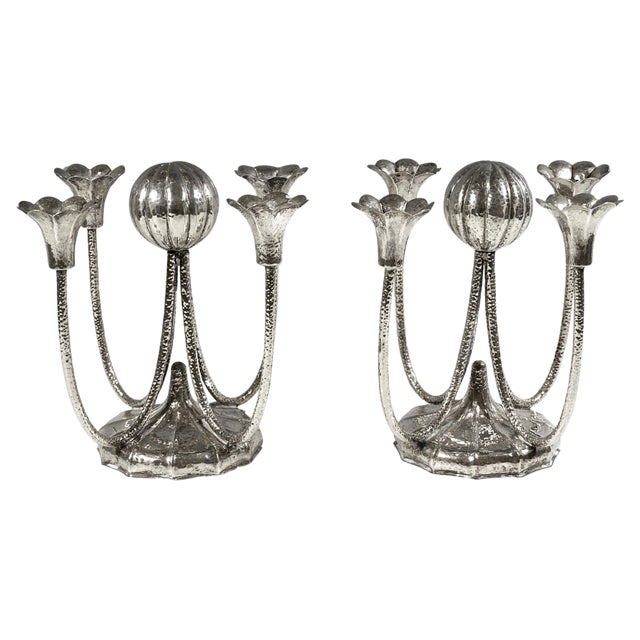Viennese Art Deco 4-Light Silver Candelabras with Martelé Decor, 1930, Set of 2 For Sale