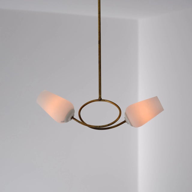 Brass Chandelier with Twin Opaline Glass Shades For Sale - Image 4 of 9