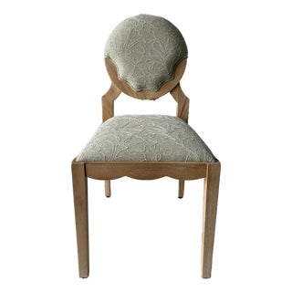 Sage Green Upholstered Vanity Chair With Sculptural Wood Frame For Sale