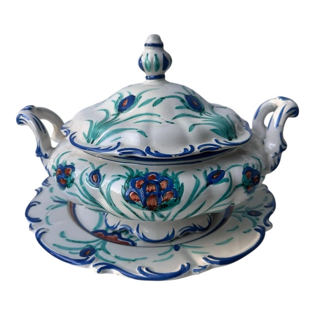 Vintage Italian Hand-Painted Majolica Soup Tureen With Underplate – Faenza Pottery, Blue and Green Floral Design, Italy, Mid-Century European Ceramic For Sale
