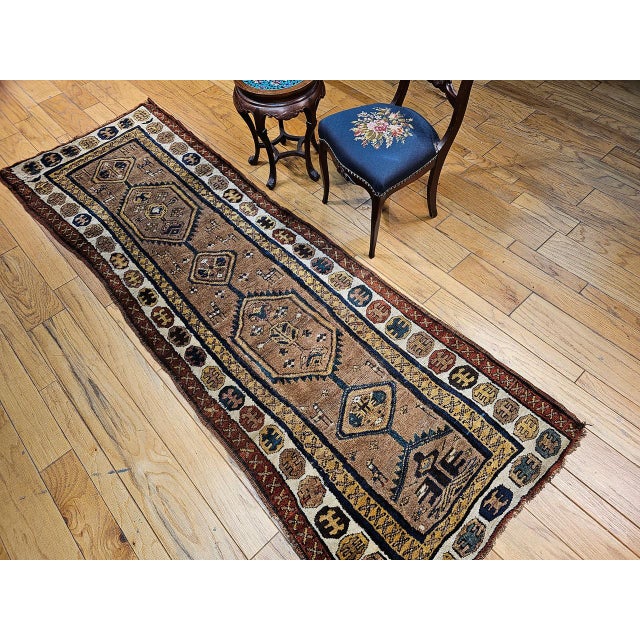Antique 19th C. Persian Kurdish Tribal Runner Rug, Hand-Knotted Wool, Geometric Pattern, 3x10, Camelhair & Ivory For Sale In Chicago - Image 6 of 15