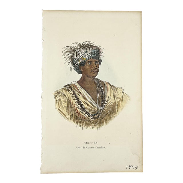 Antique Hand-Colored Engraving Tuch-Ee Cherokee Chief After Catlin C 1845 For Sale