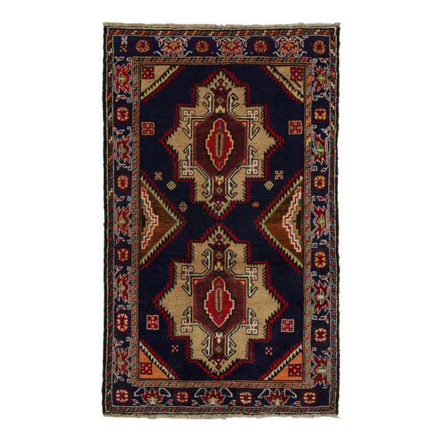 Rug & Kilim’s Afghan Baluch Tribal Rug in Navy Blue With Beige-Brown Medallions For Sale