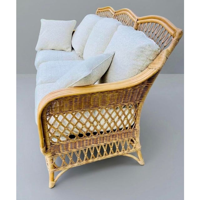 Boho Chic Vintage Henry Link Wicker Rattan Sofa – Scalloped Braided 3-Seater Couch White For Sale - Image 3 of 10