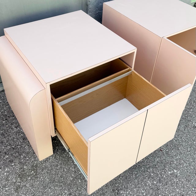 Art Deco Pink Laminate Waterfall Cabinet/Nightstands - A Pair For Sale In West Palm - Image 6 of 11