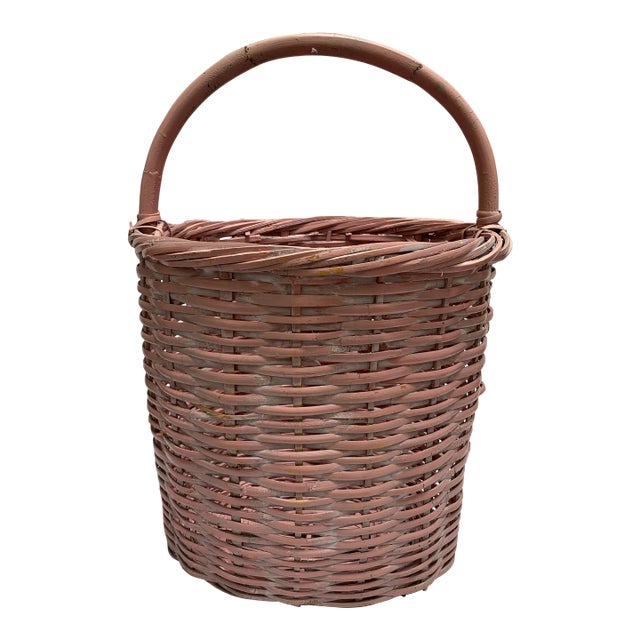 Large Vintage Pale Pink Wooden Storage Decor Basket For Sale