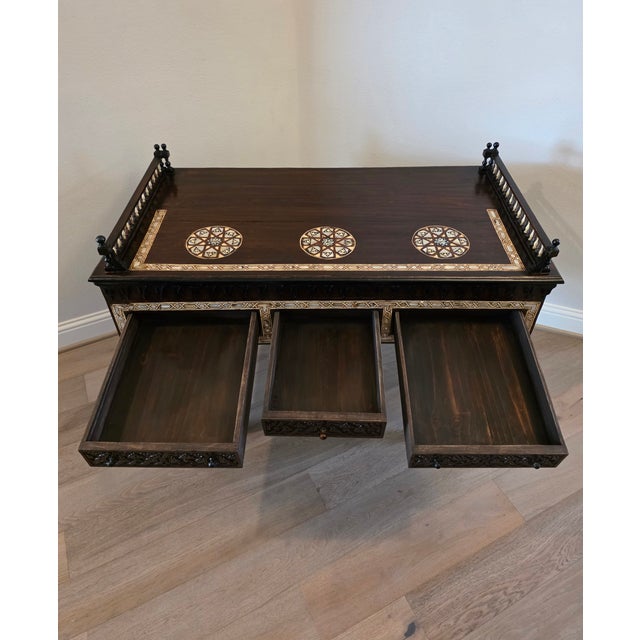 Carlo Bugatti Moorish Style Antique Mother's of Pearl Inlaid Ebonized Carved Wood Library Table Desk in the Manner of Carlo Bugatti For Sale - Image 4 of 18