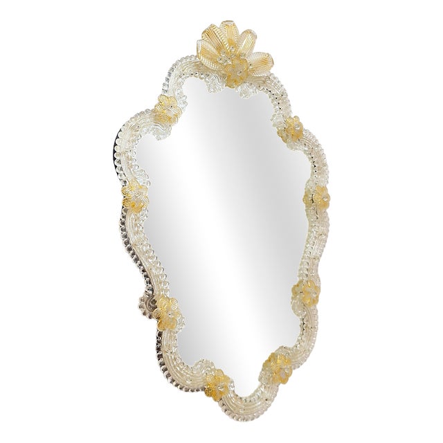Venetian Mirror in Murano Glass Adorned with Gold Details and Flowers, 1960s For Sale