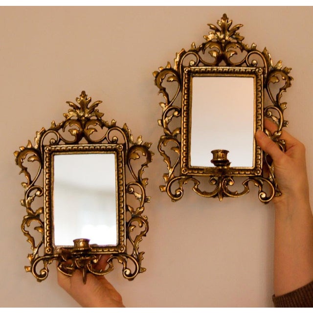 Swedish Brass Sconces with Mirror, Set of 2 For Sale - Image 4 of 9