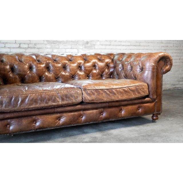 English Restoration Hardware Distressed Cigar Leather Kensington Luxe Sofa For Sale - Image 3 of 17
