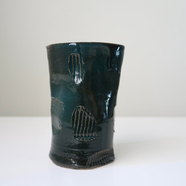 Handbuilt Organic Sculptural Pinched Square Rim Ceramic Vase in Dark Teal Glaze With Ribbed Relief Pattern For Sale In Tulsa - Image 6 of 18