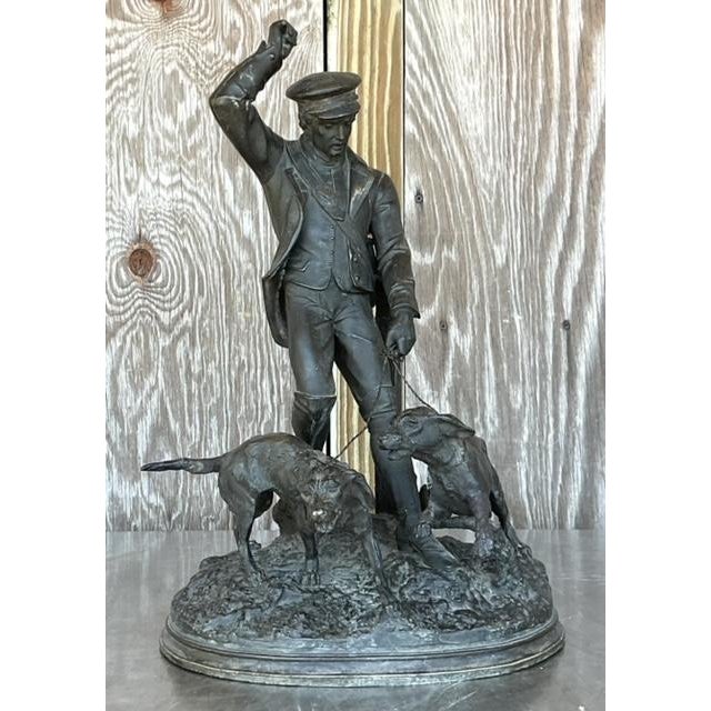 Vintage Boho Patinated Metal Man With Hounds Sculpture For Sale - Image 4 of 8