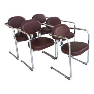 Italian Armchairs in Brown Leather and Chrome, 1980s, Set of 5 For Sale
