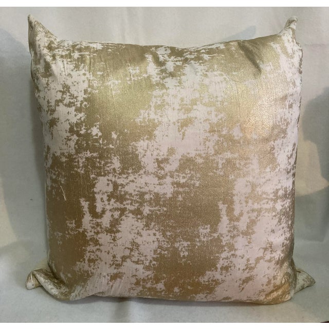Contemporary large accent pillow w gold metallic abstract print front has a hand printed organic look. Textile quality is...