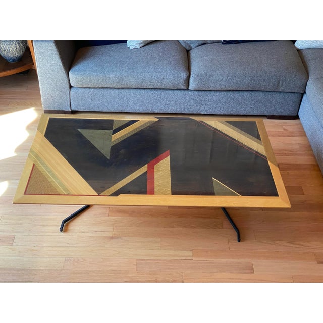 1970s Rare Giovanni Offredi for Saporiti Italian Coffee Table - Geometric Dyed Wood Veneer Top & Sculptural Iron Base For Sale - Image 5 of 13