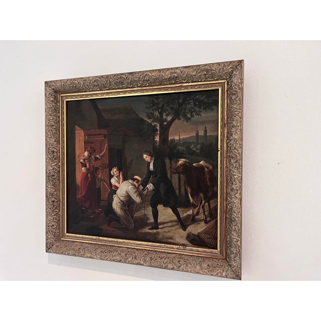 A beautifully evocative antique oil on canvas depicting a heartwarming scene of charity and compassion in a rural village...