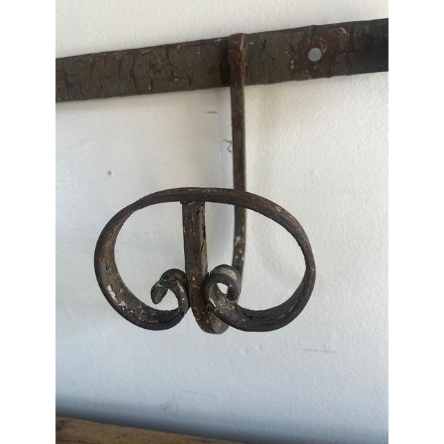 French Country Antique Hand-Forged Iron Coat Rack With Scroll Hooks For Sale - Image 3 of 9