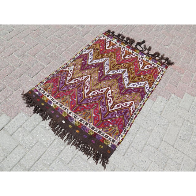 Mid 20th Century Mid 20th Century 60s Turkish Rug Handmade Wool Kilim Small Area Rug For Sale - Image 5 of 11