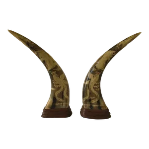Vintage 1970s Horns With Oriental Dragon Design Mounted on Wood - a Pair