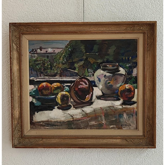 Kala EA, Fruits à la Fenêtre, Oil on Canvas, Framed, in Flawless conditions. Designed 1920 to 1949 This piece has an...