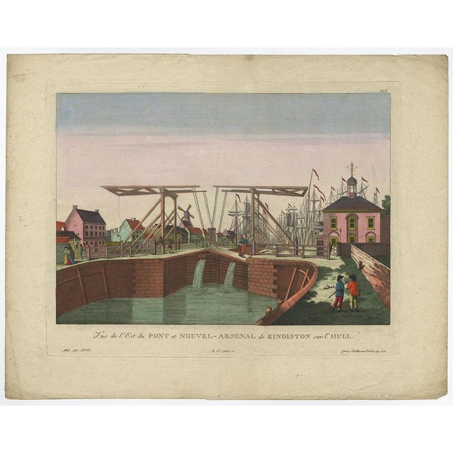 Antique print, titled: 'Vue de l'Est du Pont et Nouvel-Arsenal de Kingiston sur l'Hull.' - View of the New Bridge and...