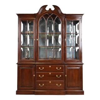 Ethan Allen Georgian Solid Cherry Wood Breakfront Bookcase Cabinet For Sale