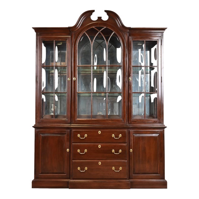Ethan Allen Georgian Solid Cherry Wood Breakfront Bookcase Cabinet For Sale