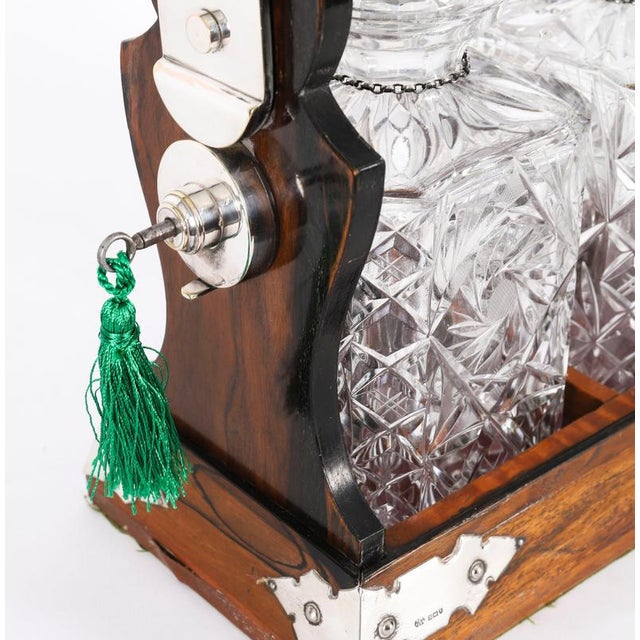 Antique Betjemanns Coromandel 3 Crystal Decanter Tantalus Silver Hallmarks, 1907 For Sale - Image 9 of 18