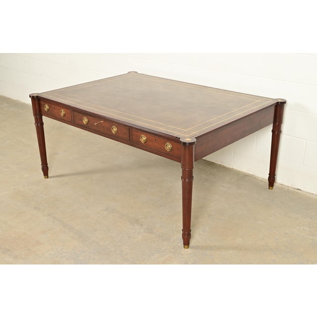 Baker Furniture Stately Homes Collection English Regency Carved Mahogany Leather Top Partner's Desk For Sale - Image 18 of 18