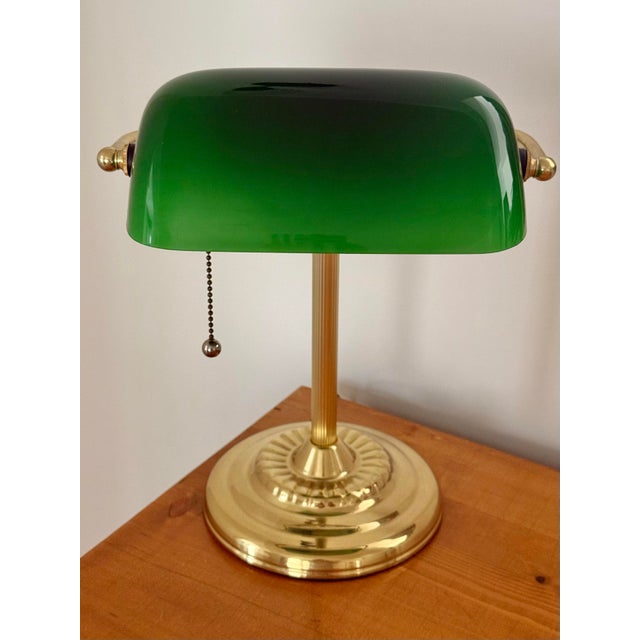Mid 20th Century Art Deco Emeraldite Shade Brass Banker Lamp With Ball Pull For Sale - Image 9 of 11