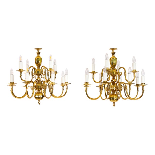 Antique Dutch Renaissance Style Brass 2-Tier Chandeliers, 1920, Set of 2 For Sale