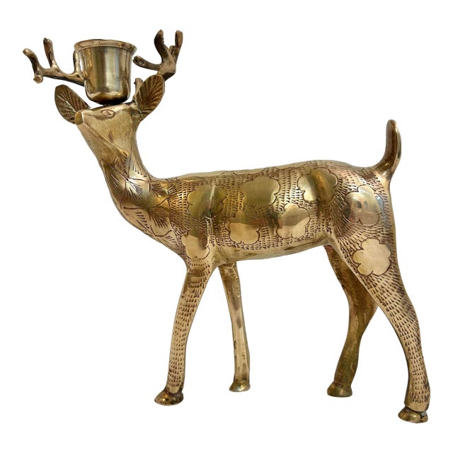 Mid 20th Century Cast Brass Reindeer Buck Candleholder For Sale