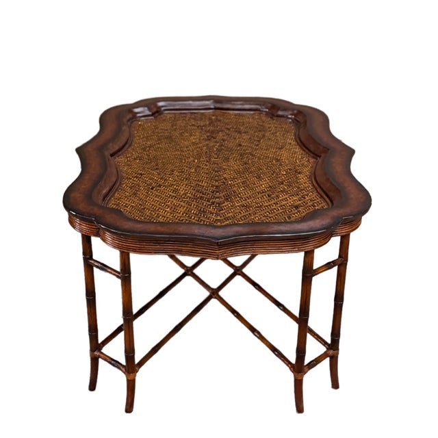 Coffee 1980s Maitland-Smith Regency Faux Bamboo Base Leather and Wicker Tray Top Coffee Table For Sale - Image 8 of 18