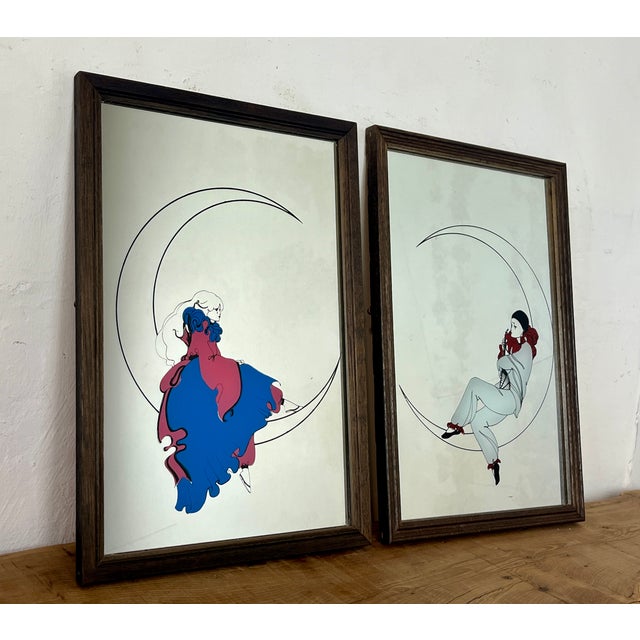 Vintage Art Deco Mirrors with Pierrot Harlequin on Crescent Moon Artwork, 1970s, Set of 2 For Sale - Image 16 of 17
