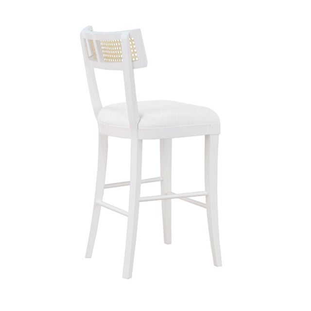 Worlds Away Matthew Izzo Home Britta Matte White Lacquer Klismos Style Counter Stool With Cane Back and White Linen Upholstered Seat For Sale - Image 4 of 6