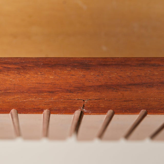 Mid-Century Modern Italian Travertine + Slatted Wood Console Table with Brass Stretcher, 1970s For Sale - Image 3 of 11