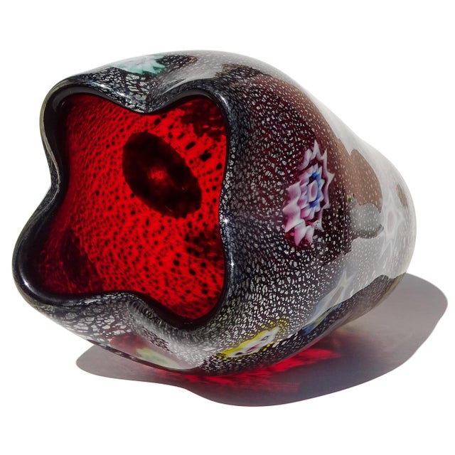Ruby Red Vintage Murano AVeM Red Millefiori Flowers Murrine Silver Flecks Italian Art Glass Pinched Rim Flower Vase For Sale - Image 8 of 12
