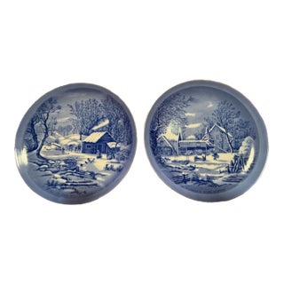 Vintage Currier & Ives Blue & White Winter Collector Plates (2) For Sale