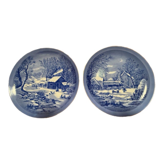 Vintage Currier & Ives Blue & White Winter Collector Plates (2) For Sale