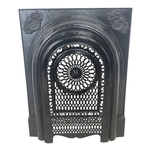 Late 19th Century Cast Iron Ornate Victorian Cast Iron Fireplace Insert and Summer Hood 27" X 21.25" For Sale