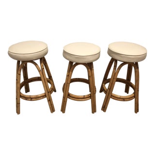 Vintage White Cushion Bamboo Barstools - Set of 3 For Sale